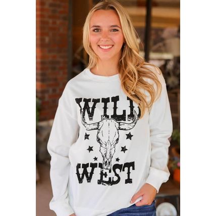 White WILD WEST Steer Skull Graphic Ribbed Sweatshirt