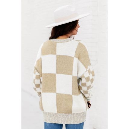 Flaxen Checkered Print Drop Shoulder Sweater