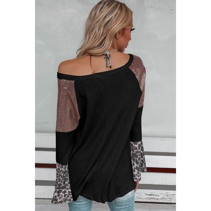 Black Sequin Patchwork Bell Sleeve V Neck Tunic Top