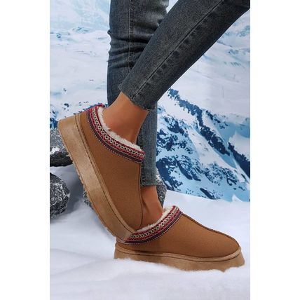 Chestnut Suede Contrast Print Round Toe Plush Lined Flats