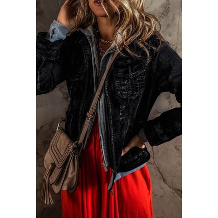 Black Fake Two-Piece Hooded Zip-Up Denim Jacket