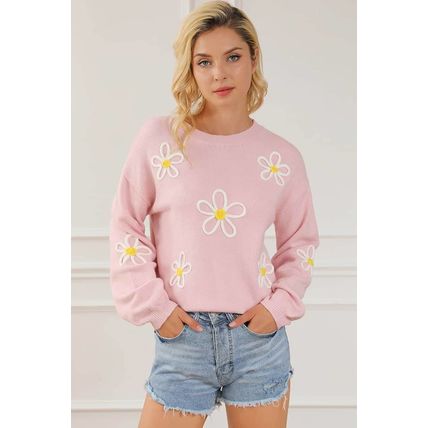 Pink Chenille Daisy Stitching Crew Neck Sweater