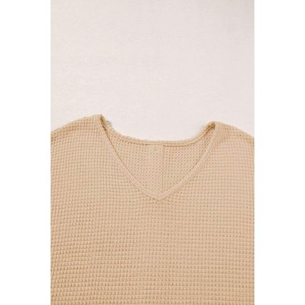 Oatmeal Textured Knit Button Back Cuffed Sleeve Tee