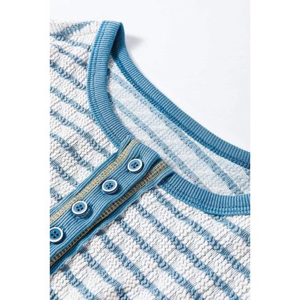 Sky Blue Stripe Textured Frilly Trim Buttons Henley Long Sleeve Top