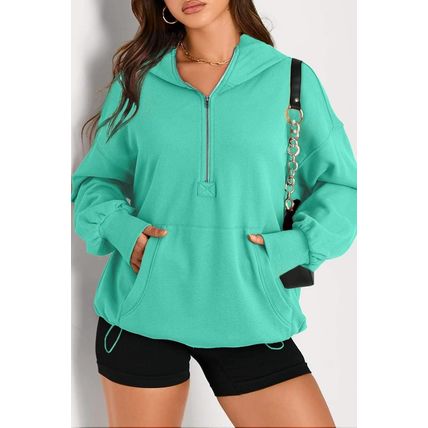 Aruba Blue Solid Kangaroo Pocket Half Zipper Oversized Hoodie
