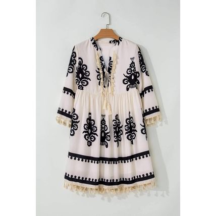 Beige Western Pattern Print Tasseled Notch V Neck Mini Dress