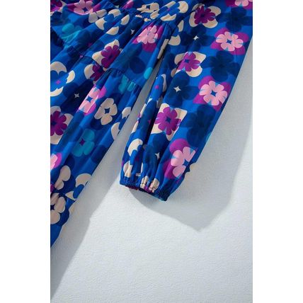 Blue Floral Peasant Sleeve Tiered Ruffle Midi Dress