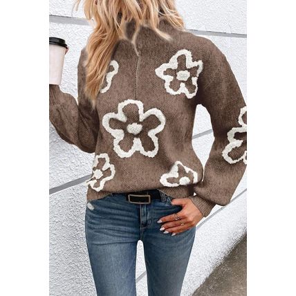 Parchment Contrast Flower Half Zipper Stand Neck Sweater