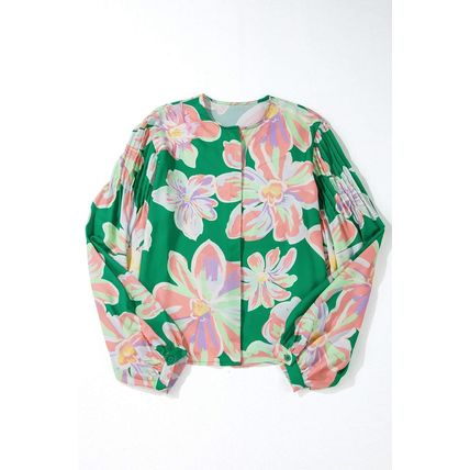 Green Floral Print Button up Pleated Puff Sleeve Loose Shirt