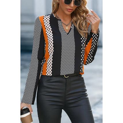Orange Geo Print Colorblock Notched V Neck Blouse