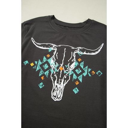 Carbon Grey Vintage Western Bull Head Skull Turquoise Aztec Graphic T Shirt