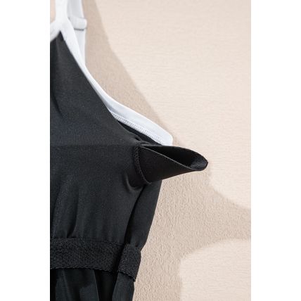 Black Contrast Trim Two Tone Belted One Piece Swimsuit