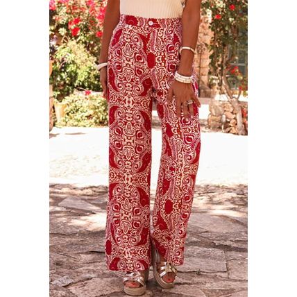 Red Paisley Printed Buttoned High Waist Straight Leg Pants