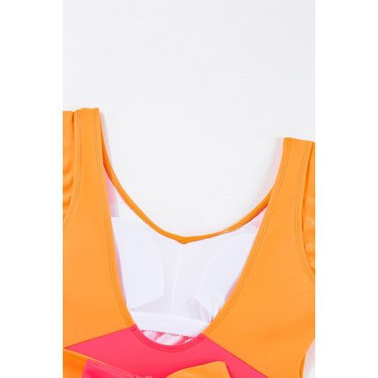 Vitality Orange Color Block Ruffled Knotted Backless One Piece Swimsuit