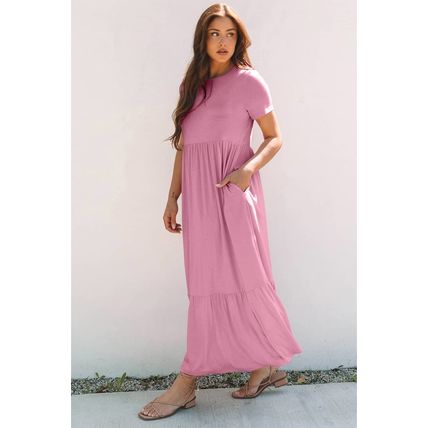 Pink Solid Color T-shirt High Waist Pocketed Long Dress