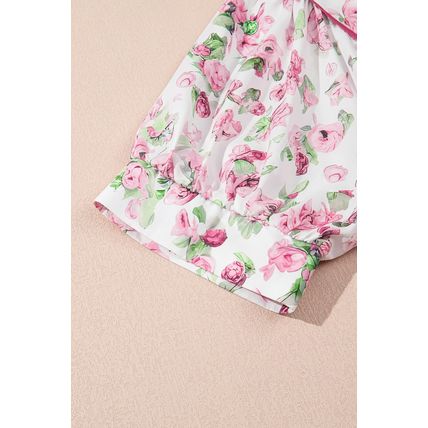Pink Floral Split Neck Short Sleeve Loose Plus Size Mini Dress