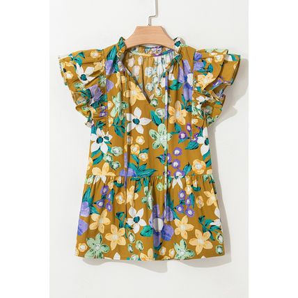 Yellow Floral Print Tiered Flutter Sleeve V Neck Top