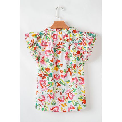 Multicolour Allover Floral Printed Flutter Sleeve Split Neck Blouse