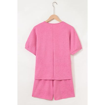 Pink Textured V Neck T Shirt and Shorts Set