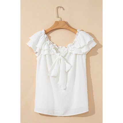 White Off Shoulder Ruffle Knotted Detail Swiss Dot Blouse