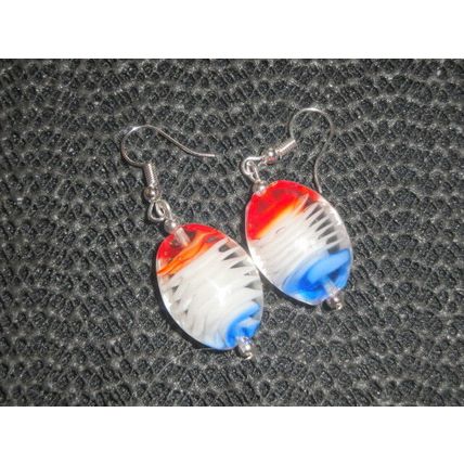 Individual large single oval red white blue millefiori style glass drop earrings