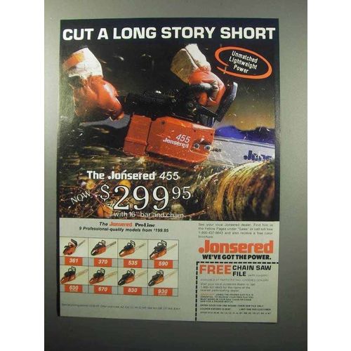 1987 Jonsered 455 Chain Saw Ad - Cut Long Story Short