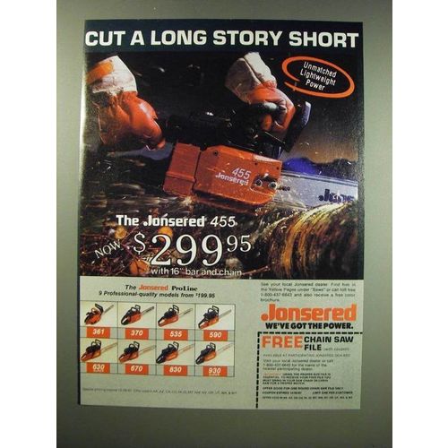 1987 Jonsered ProLine 455 Chainsaw Ad - Cut a long story short