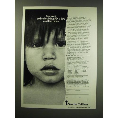 1987 Save the Children Ad - You won't go broke giving 52¢ a day