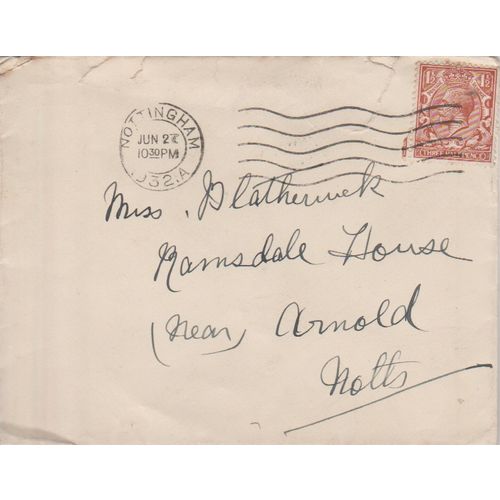 GB 1932 cover Nottingham to Arnold nice 1.5d brown stamp see rest