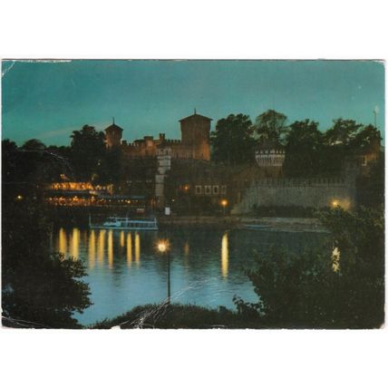Postcard Borgo Medioevale, Medieval Castle, Valentino, Turin, Italy at night