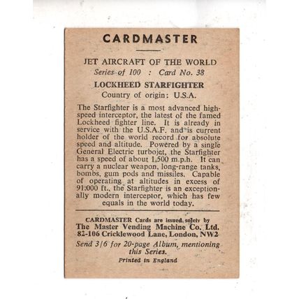 CARDMASTER JET AIRCRAFT OF THE WORLD 1958 LOCKHEED STARFIGHTER No.38 USA