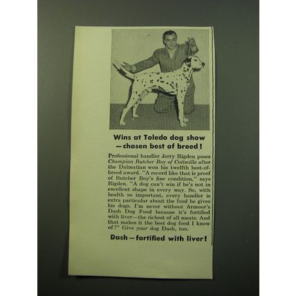 1950 Armour and Company Dash Dog Food Ad - Wins at Toledo dog show