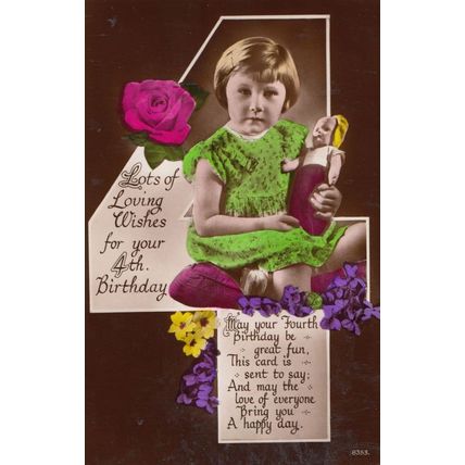 Happy 4th Birthday Girl Playing With Toy Doll Real Photo Old Greetings Postcard