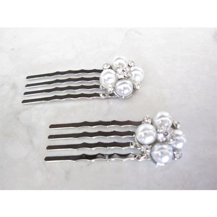 Set of two small pearl and silver hair comb barrette clip bridal clip with