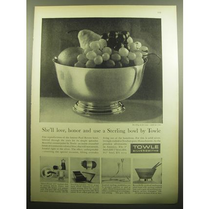 1958 Towle Sterling Bowls Ad - She'll love honor and use a Sterling bowl