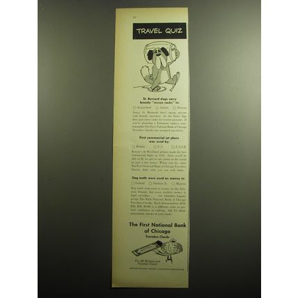 1958 First National Bank of Chicago Ad - St. Bernard dogs carry rescue casks