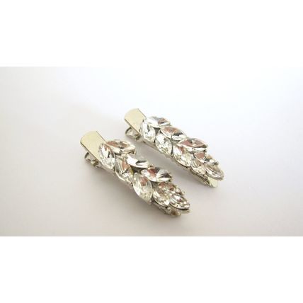 2 small silver metal crystal leaves alligator hair pin clip barrettes fine thin