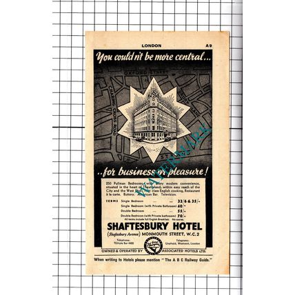 Shaftesbury Hotel London Advert - 1958 Cutting / Print
