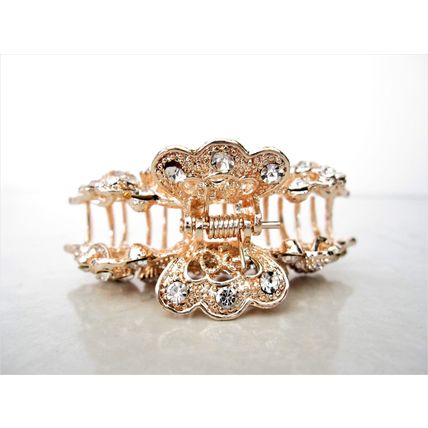 Silver rose gold metal two flower crystal hair claw bridal clip