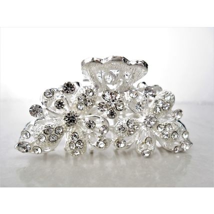 Silver rose gold metal two flower crystal hair claw bridal clip