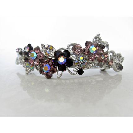 Large silver leaves flowers pink purple amber brown crystal hair barrette