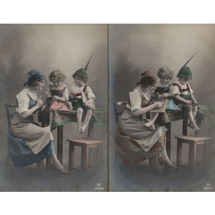 Children Dressed As Pixie Elf Gypsy Reading Sewing 2x Old Postcard s