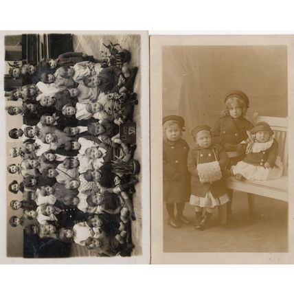 4x Puzzled Children Trench Coats & School Group 2x Old Photo Postcard s