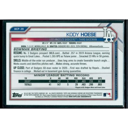 2021 Bowman Chrome Prospects #BCP39 Kody Hoese
