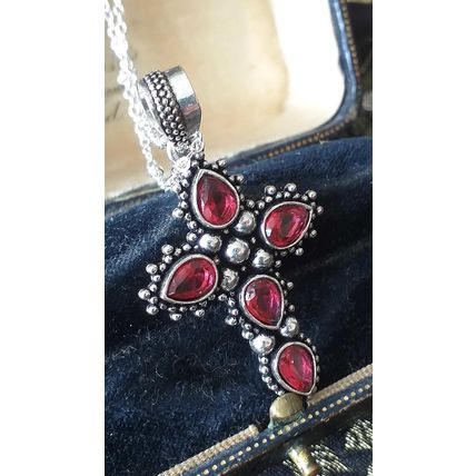 Vintage 1980-s 925 Sterling Silver Red Garnet Cross Pendant on 20 inch Chain