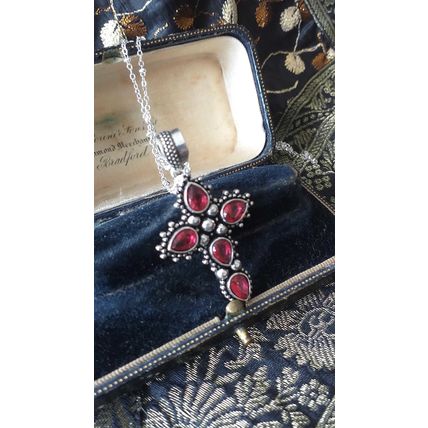 Vintage 1980-s 925 Sterling Silver Red Garnet Cross Pendant on 20 inch Chain