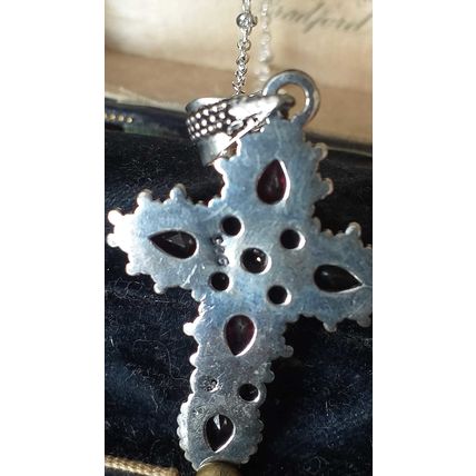 Vintage 1980-s 925 Sterling Silver Red Garnet Cross Pendant on 20 inch Chain