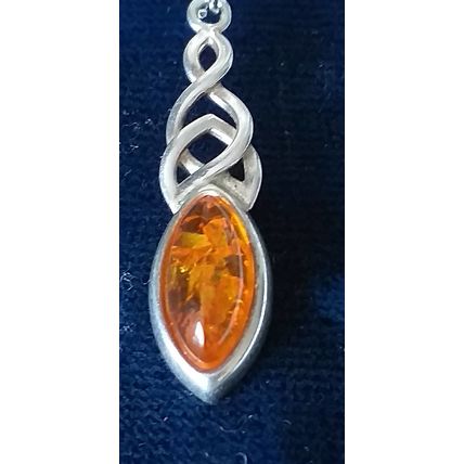 Antique Vintage 1940-s CELTIC 925 Silver Natural Amber Pendant & 18 Inch Chain
