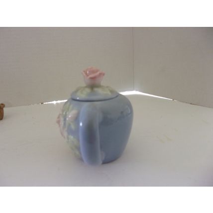 Miniature Tea Pot Blue with Pink Rose 4"