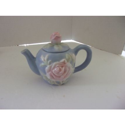 Miniature Tea Pot Blue with Pink Rose 4"